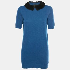 Louis Vuitton Blue Cashmere Knit Mink Collared Dress Xs